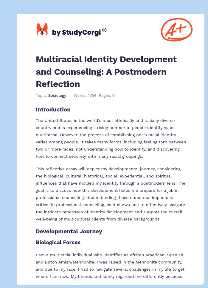 Multiracial Identity Development and Counseling: A Postmodern Reflection. Page 1