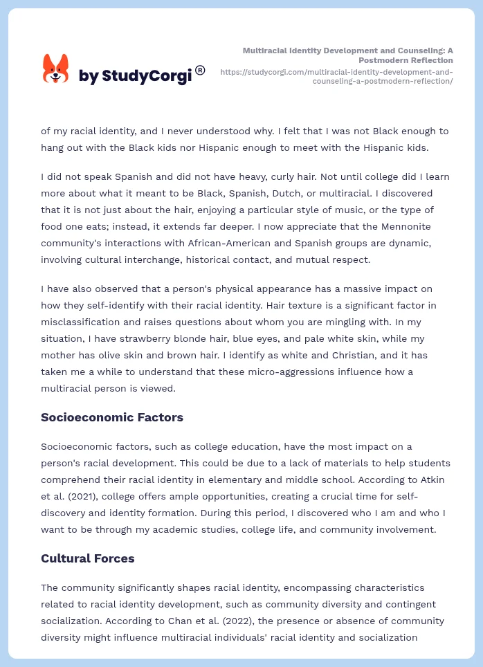 Multiracial Identity Development and Counseling: A Postmodern Reflection. Page 2