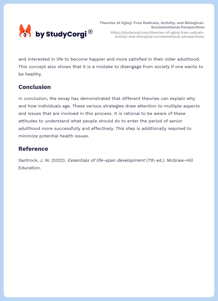 Theories of Aging: Free Radicals, Activity, and Biological-Socioemotional Perspectives. Page 2