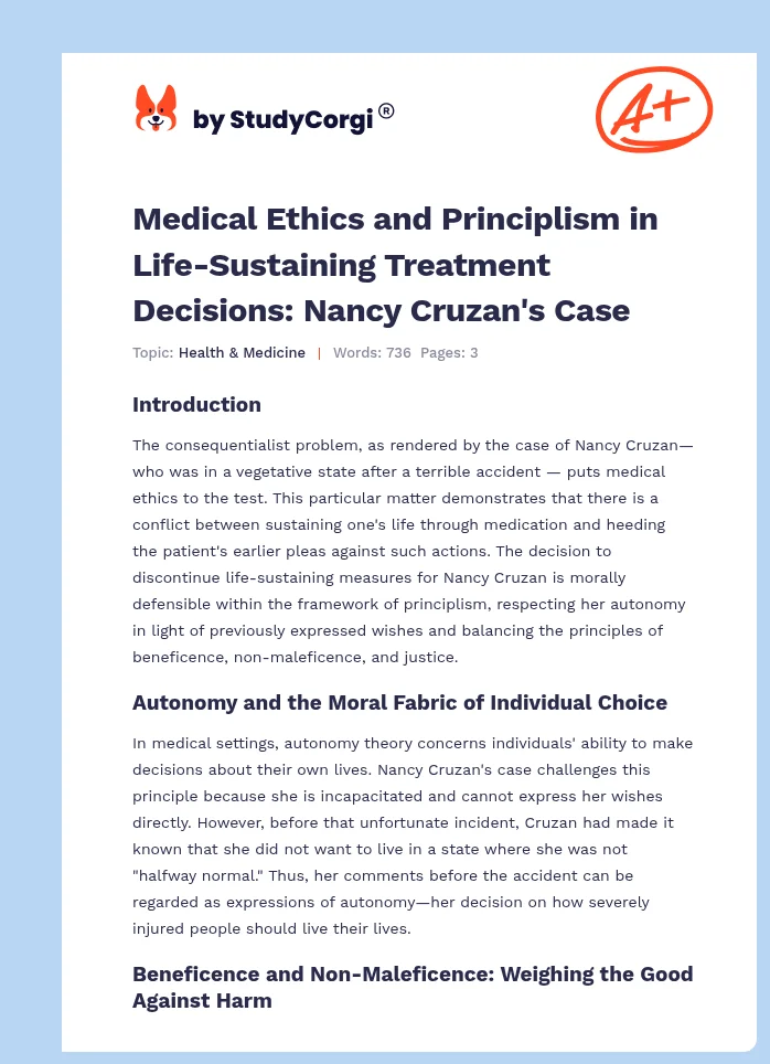 Medical Ethics and Principlism in Life-Sustaining Treatment Decisions: Nancy Cruzan's Case. Page 1