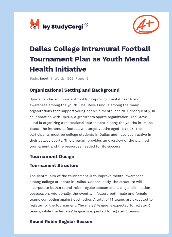 Dallas College Intramural Football Tournament Plan as Youth Mental Health Initiative. Page 1