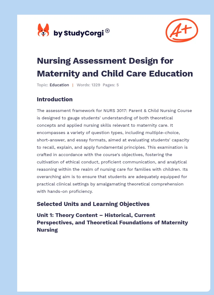 Nursing Assessment Design for Maternity and Child Care Education. Page 1