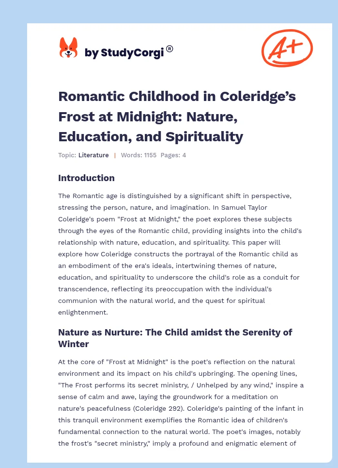 Romantic Childhood in Coleridge’s Frost at Midnight: Nature, Education, and Spirituality. Page 1