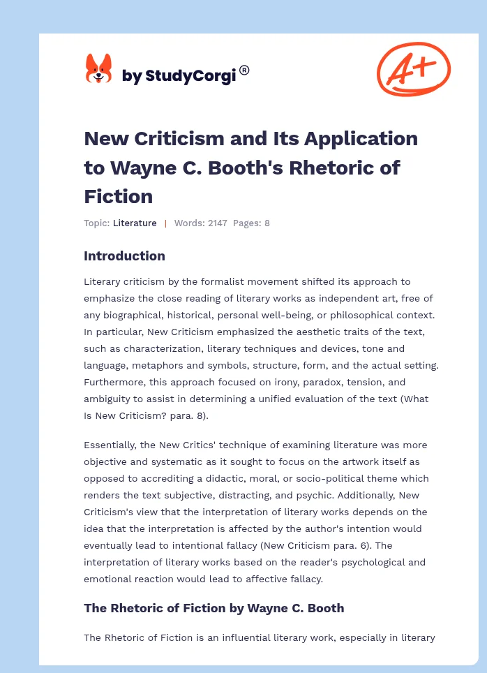 New Criticism and Its Application to Wayne C. Booth's Rhetoric of Fiction. Page 1