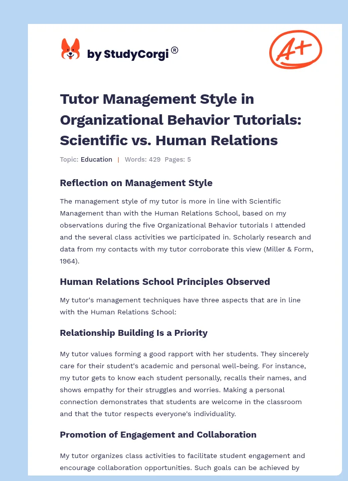 Tutor Management Style in Organizational Behavior Tutorials: Scientific vs. Human Relations. Page 1