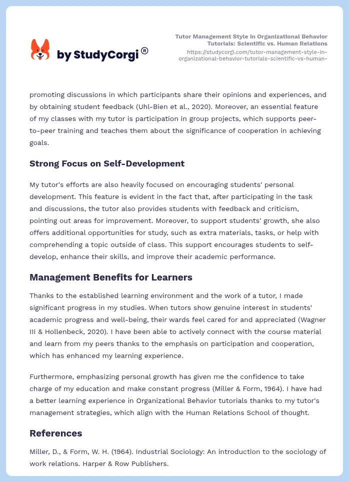 Tutor Management Style in Organizational Behavior Tutorials: Scientific vs. Human Relations. Page 2