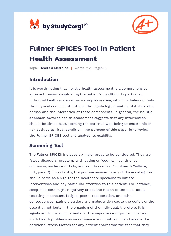 Fulmer SPICES Tool in Patient Health Assessment. Page 1