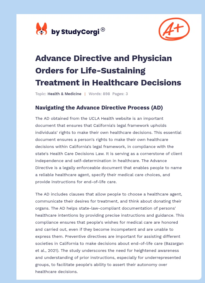 Advance Directive and Physician Orders for Life-Sustaining Treatment in Healthcare Decisions. Page 1