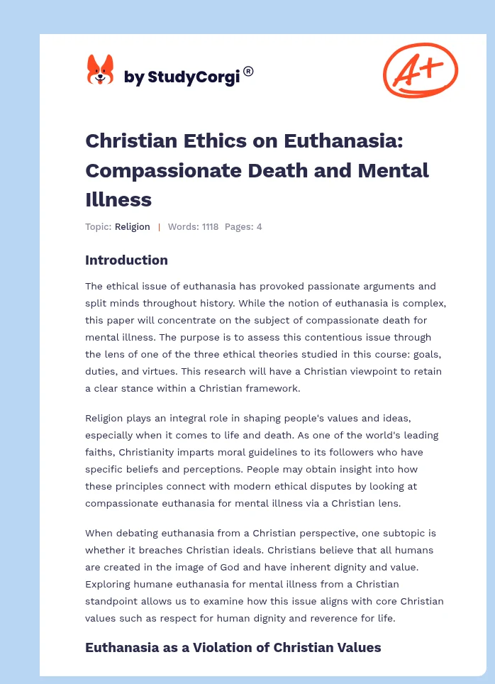 Christian Ethics on Euthanasia: Compassionate Death and Mental Illness. Page 1