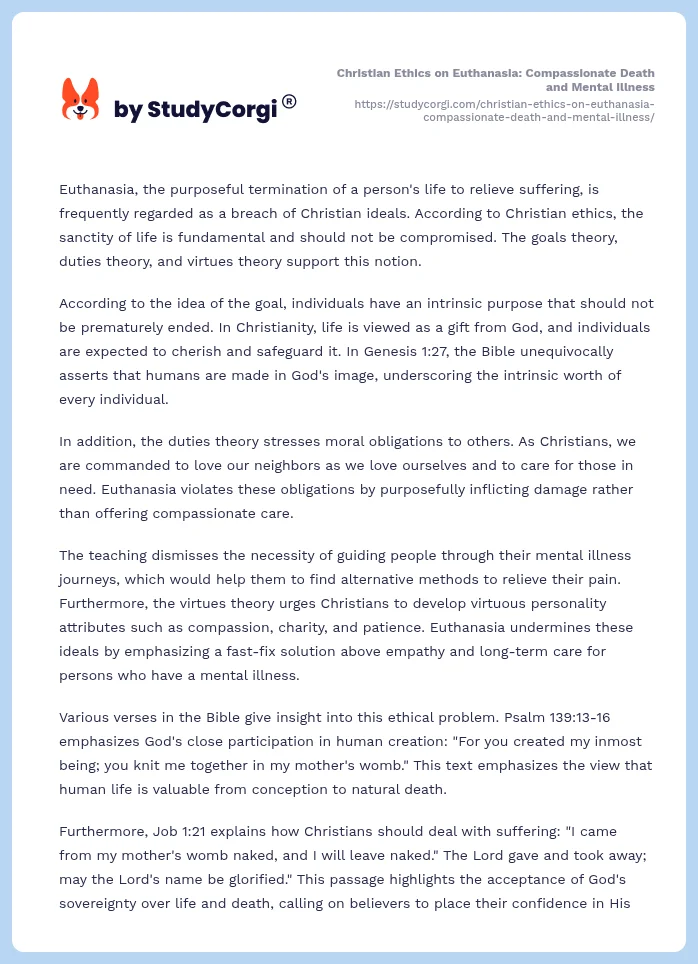 Christian Ethics on Euthanasia: Compassionate Death and Mental Illness. Page 2