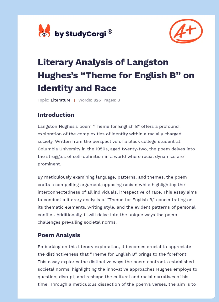 Literary Analysis of Langston Hughes’s “Theme for English B” on Identity and Race. Page 1