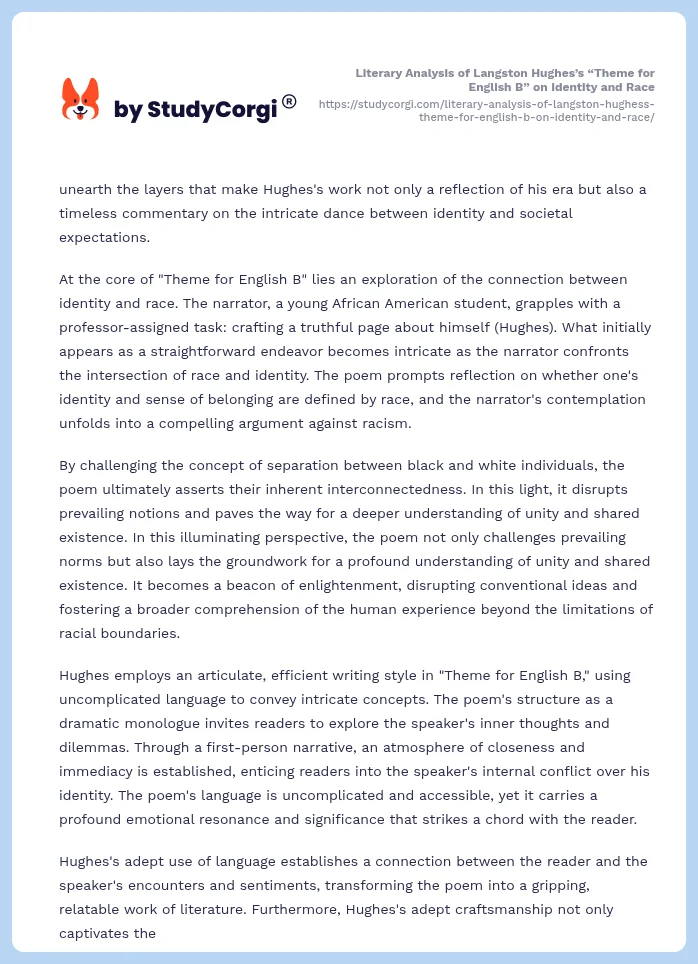 Literary Analysis of Langston Hughes’s “Theme for English B” on Identity and Race. Page 2
