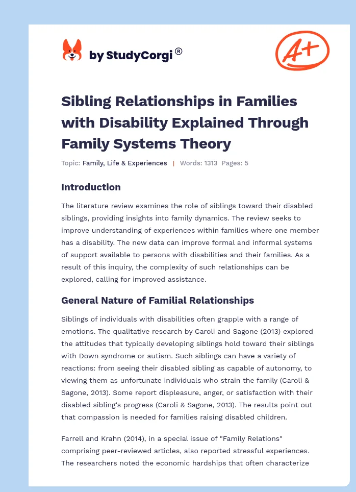Sibling Relationships in Families with Disability Explained Through Family Systems Theory. Page 1