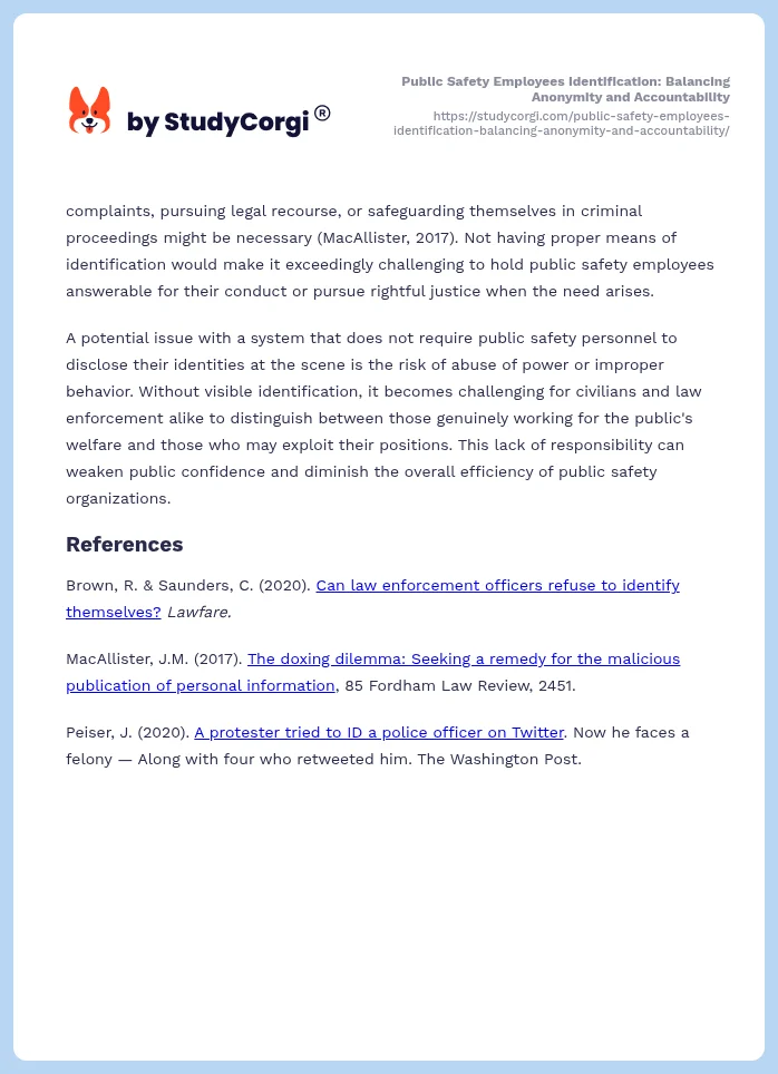 Public Safety Employees Identification: Balancing Anonymity and Accountability. Page 2