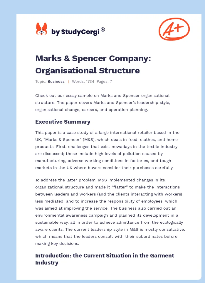 Marks & Spencer Company: Organisational Structure. Page 1