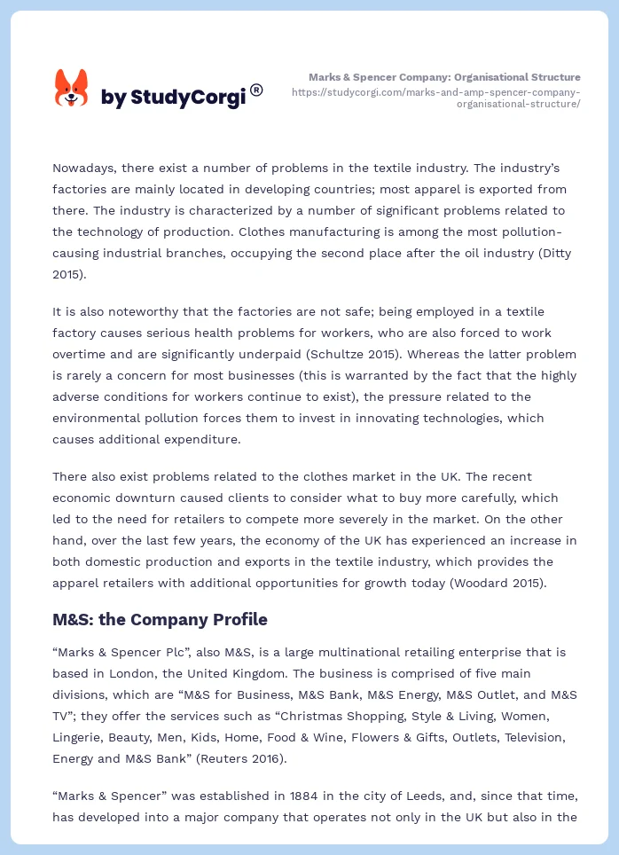 Marks & Spencer Company: Organisational Structure. Page 2