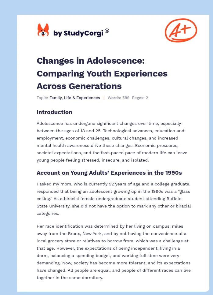 Changes in Adolescence: Comparing Youth Experiences Across Generations. Page 1