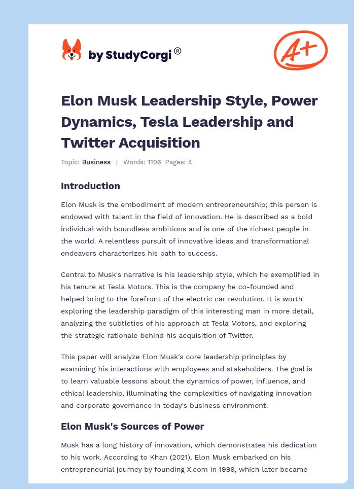 Elon Musk Leadership Style, Power Dynamics, Tesla Leadership and Twitter Acquisition. Page 1
