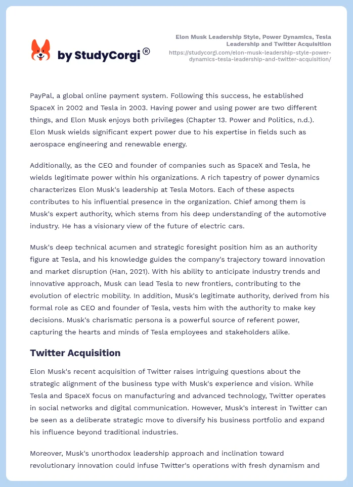 Elon Musk Leadership Style, Power Dynamics, Tesla Leadership and Twitter Acquisition. Page 2