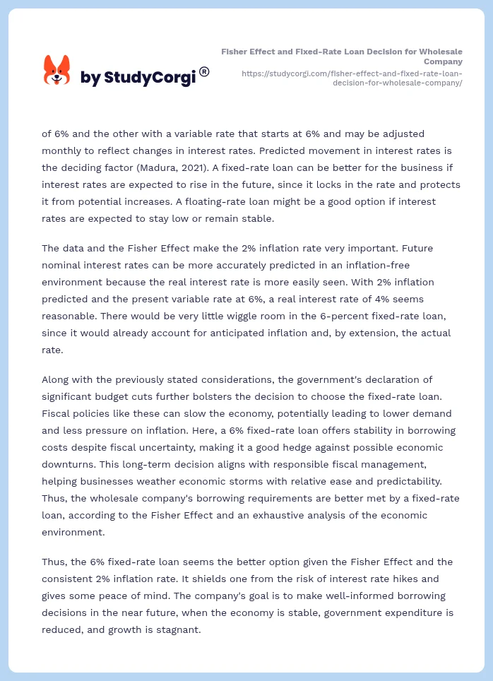 Fisher Effect and Fixed-Rate Loan Decision for Wholesale Company. Page 2