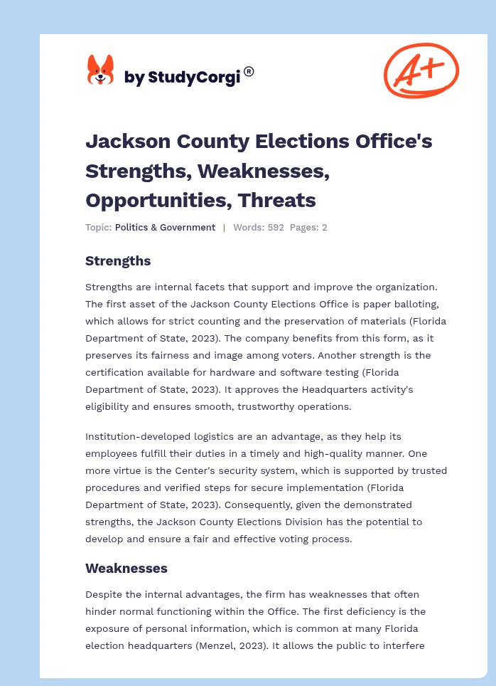 Jackson County Elections Office's Strengths, Weaknesses, Opportunities, Threats. Page 1