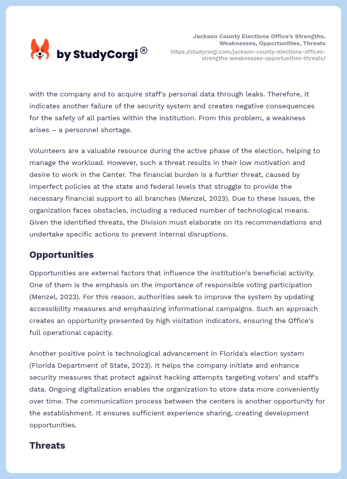 Jackson County Elections Office's Strengths, Weaknesses, Opportunities, Threats. Page 2