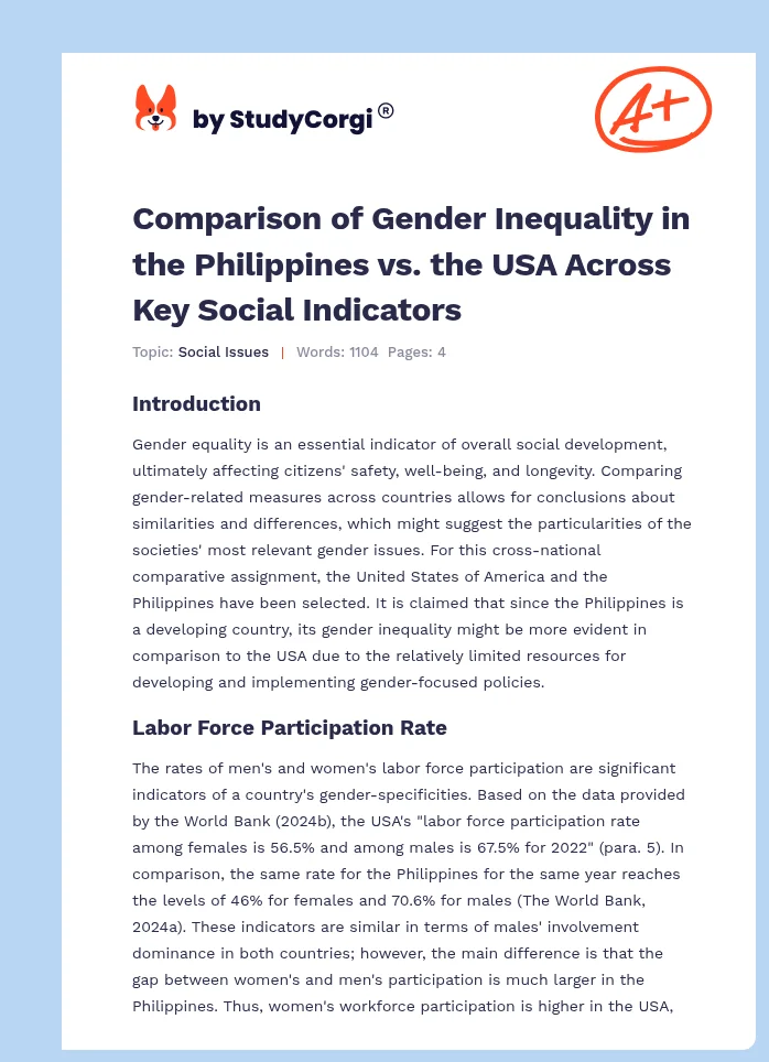 Comparison of Gender Inequality in the Philippines vs. the USA Across Key Social Indicators. Page 1