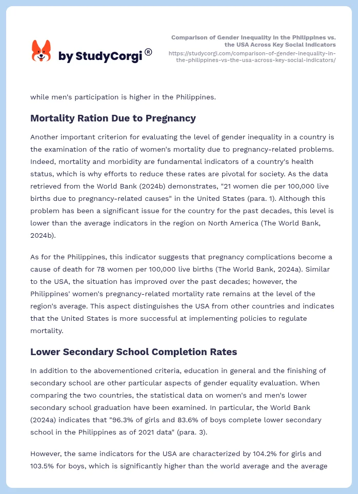 Comparison of Gender Inequality in the Philippines vs. the USA Across Key Social Indicators. Page 2