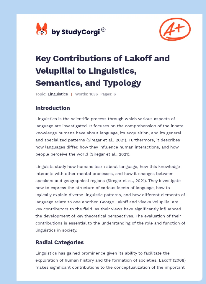 Key Contributions of Lakoff and Velupillai to Linguistics, Semantics, and Typology. Page 1