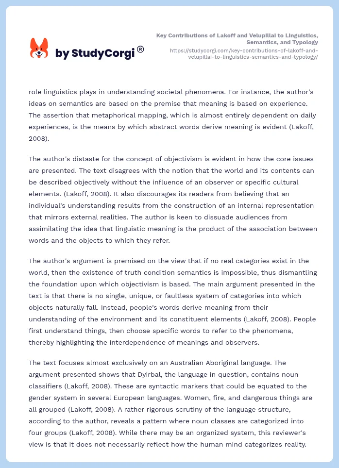 Key Contributions of Lakoff and Velupillai to Linguistics, Semantics, and Typology. Page 2