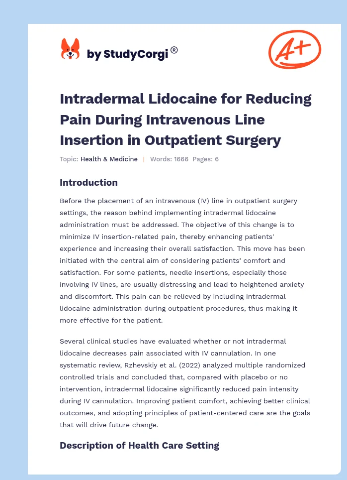 Intradermal Lidocaine for Reducing Pain During Intravenous Line Insertion in Outpatient Surgery. Page 1