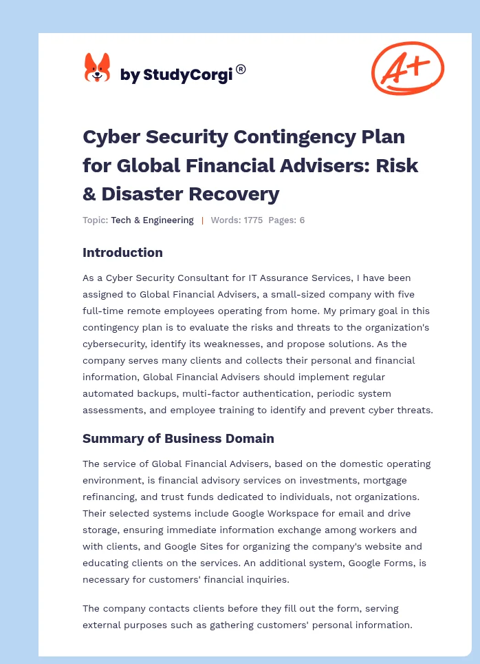 Cyber Security Contingency Plan for Global Financial Advisers: Risk & Disaster Recovery. Page 1