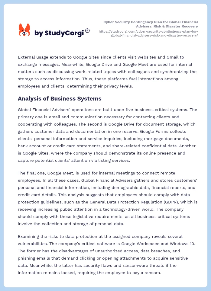 Cyber Security Contingency Plan for Global Financial Advisers: Risk & Disaster Recovery. Page 2