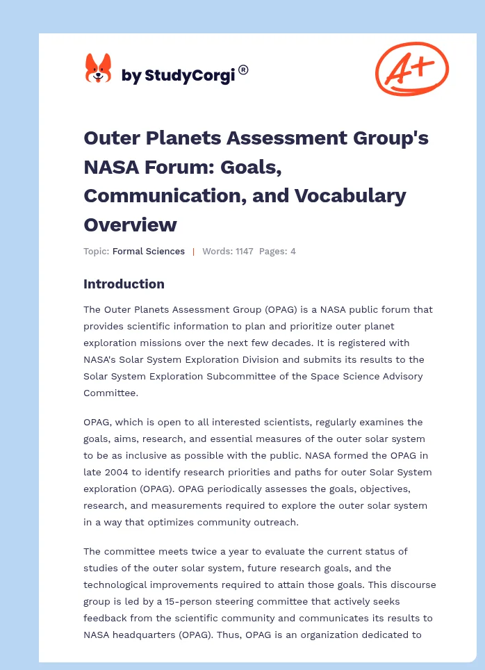 Outer Planets Assessment Group's NASA Forum: Goals, Communication, and Vocabulary Overview. Page 1