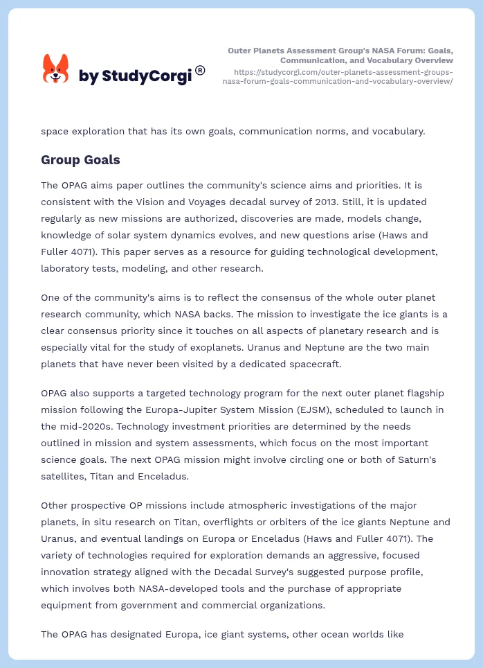 Outer Planets Assessment Group's NASA Forum: Goals, Communication, and Vocabulary Overview. Page 2
