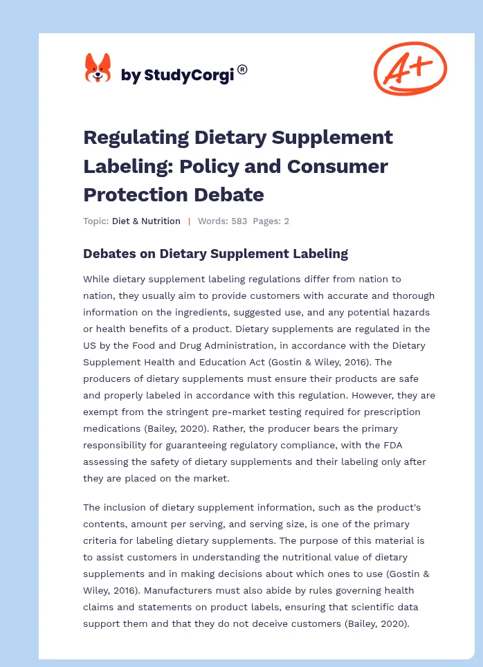Regulating Dietary Supplement Labeling: Policy and Consumer Protection Debate. Page 1