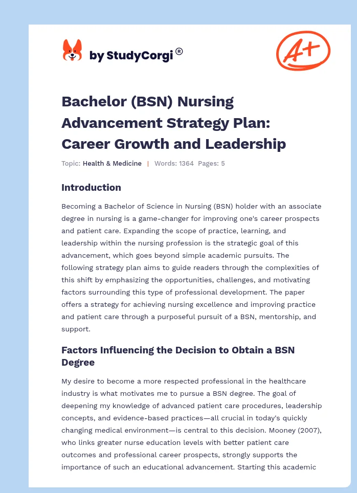 Bachelor (BSN) Nursing Advancement Strategy Plan: Career Growth and Leadership. Page 1