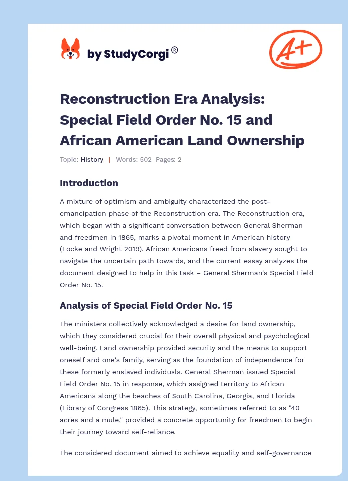 Reconstruction Era Analysis: Special Field Order No. 15 and African American Land Ownership. Page 1