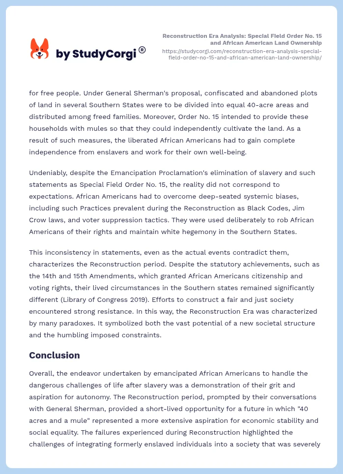 Reconstruction Era Analysis: Special Field Order No. 15 and African American Land Ownership. Page 2