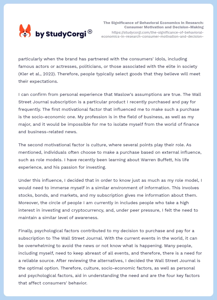 The Significance of Behavioral Economics in Research: Consumer Motivation and Decision-Making. Page 2