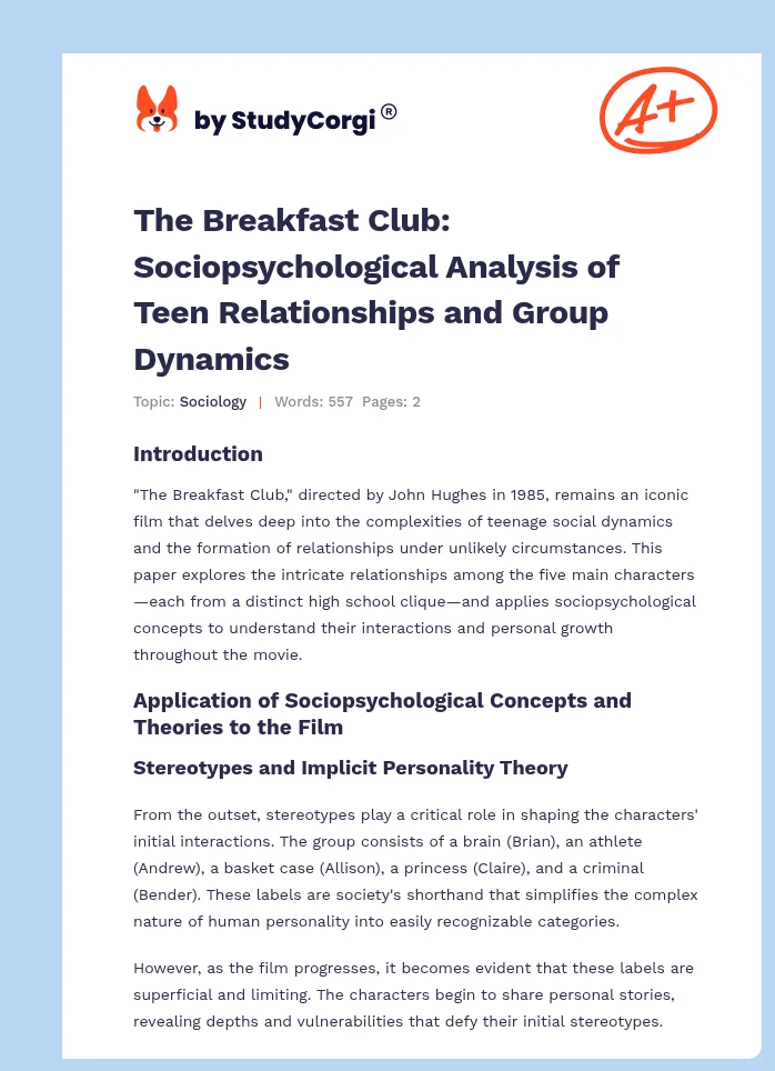 The Breakfast Club: Sociopsychological Analysis of Teen Relationships and Group Dynamics. Page 1