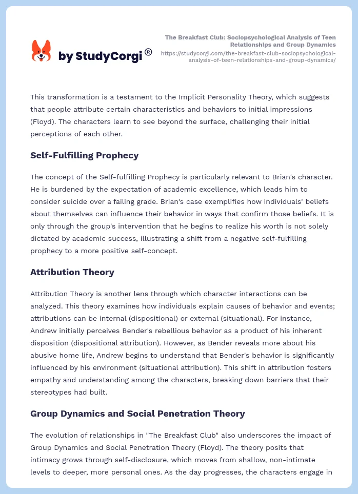 The Breakfast Club: Sociopsychological Analysis of Teen Relationships and Group Dynamics. Page 2