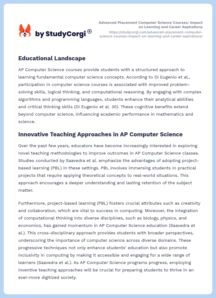 Advanced Placement Computer Science Courses: Impact on Learning and Career Aspirations. Page 2