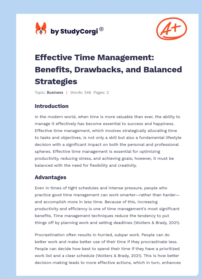 Effective Time Management: Benefits, Drawbacks, and Balanced Strategies. Page 1