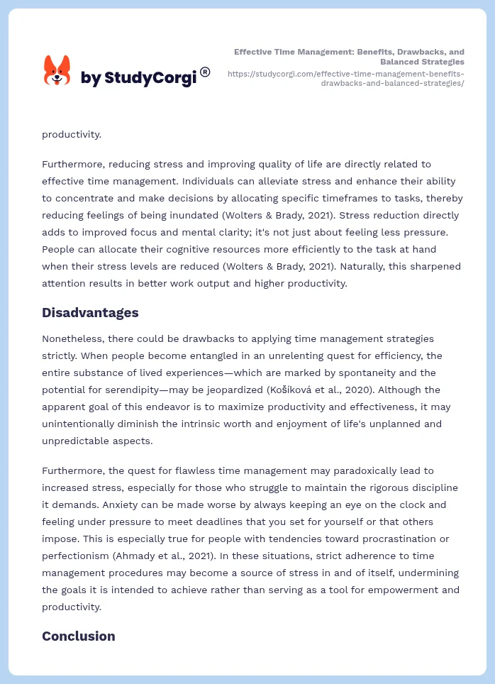 Effective Time Management: Benefits, Drawbacks, and Balanced Strategies. Page 2