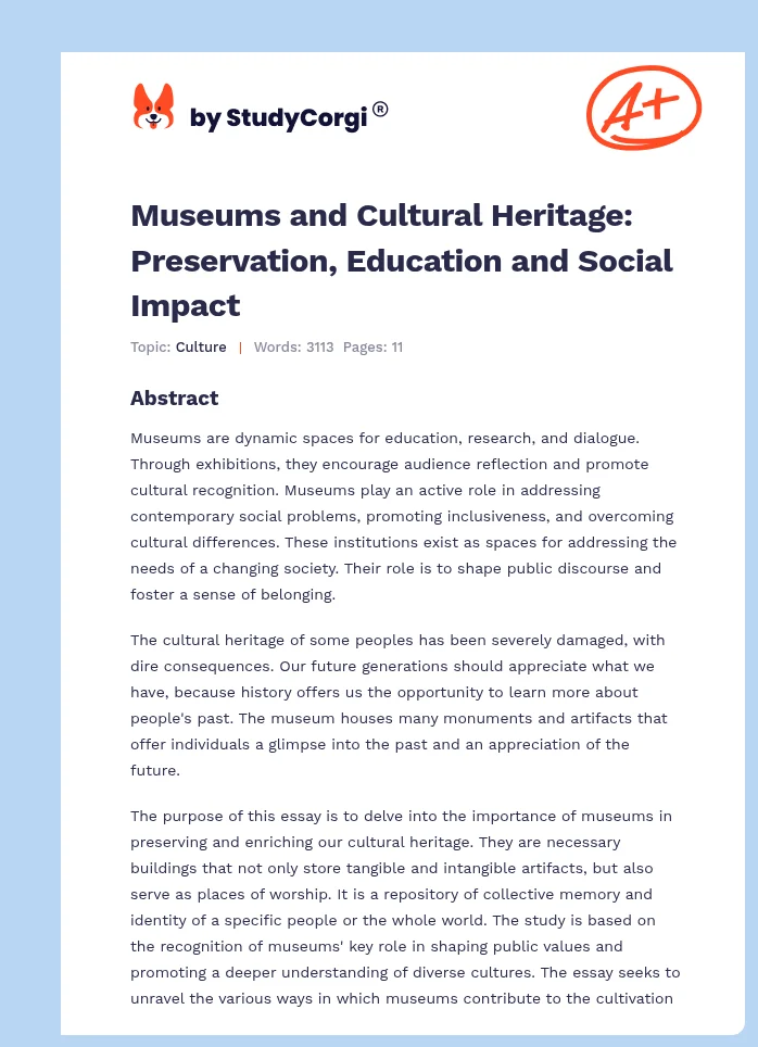 Museums and Cultural Heritage: Preservation, Education and Social Impact. Page 1