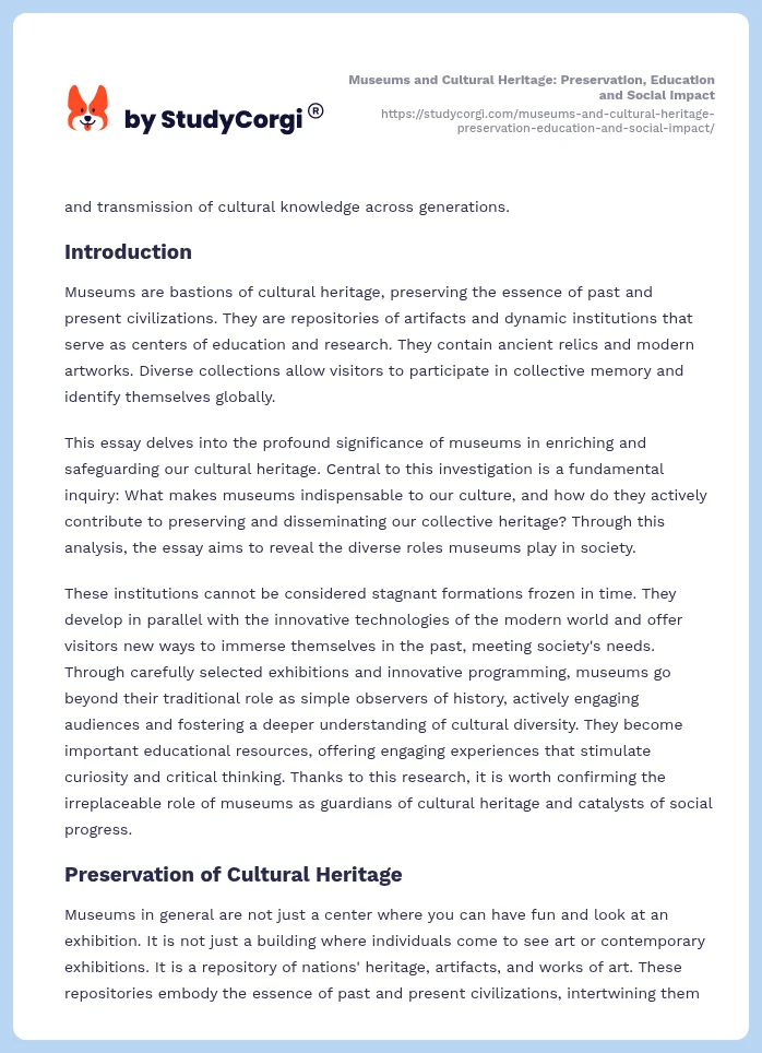 Museums and Cultural Heritage: Preservation, Education and Social Impact. Page 2