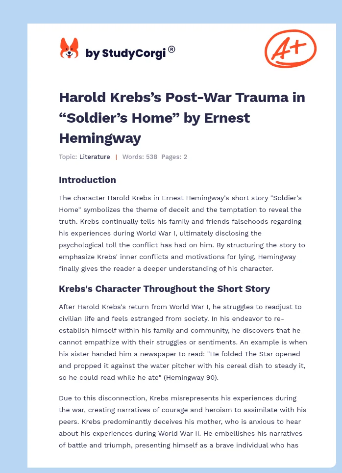Harold Krebs’s Post-War Trauma in “Soldier’s Home” by Ernest Hemingway. Page 1