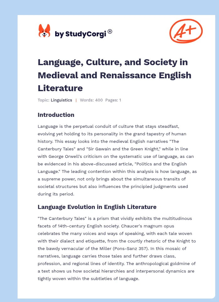 Language, Culture, and Society in Medieval and Renaissance English Literature. Page 1