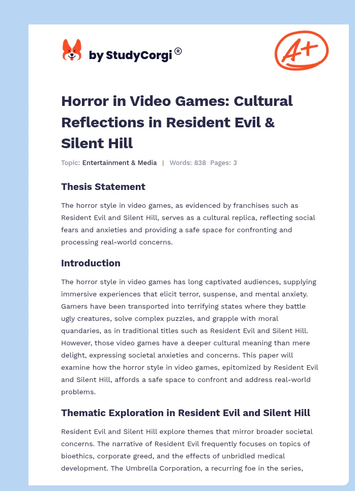 Horror in Video Games: Cultural Reflections in Resident Evil & Silent Hill. Page 1